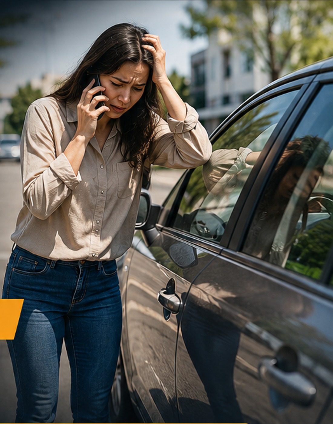 A worried driver standing next to a locked car